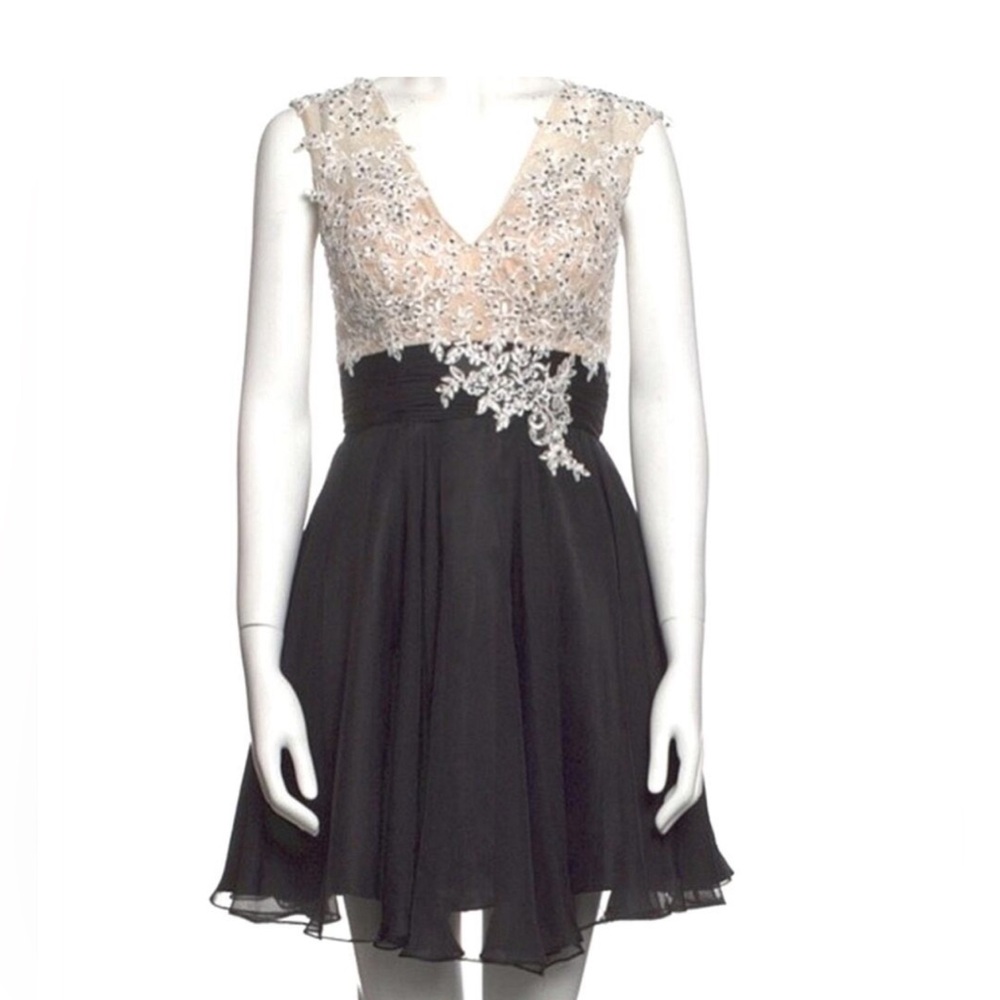 Mac Duggal Crystal Encrusted Lace Bodice Sheer Chiffon Black Skirt Short Gown